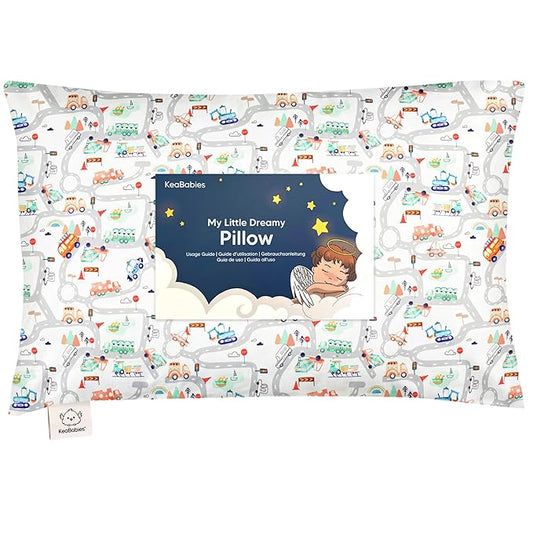 Toddler Pillow with Pillowcase - 13x18 My Little Dreamy Kids Travel Bed Pillows for Sleeping, Organic Cotton Small Pillowcase, Soft & Breathable, Machine Washable, Toddlers 2-5 years old (Roadway)