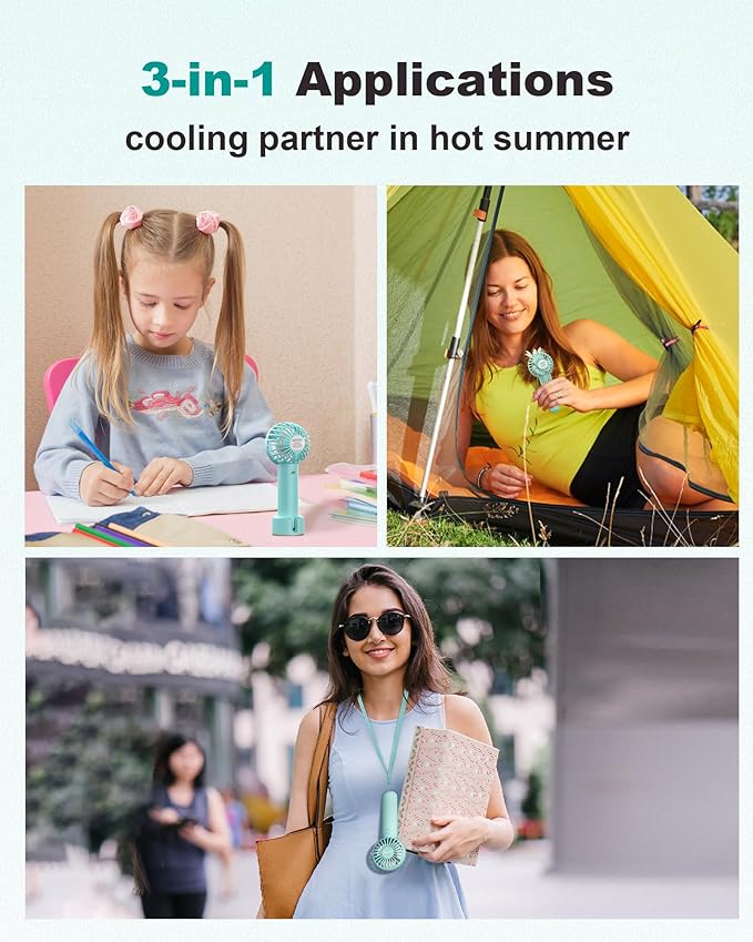 Coohea 2-Pack Pink & Blue Handheld Fan, Small Cute Design, 3 Powerful Speeds, Operated by USB/Rechargeable Battery, Personal Portable Fan with Base & Lanyard, for Eyelash Makeup Travel Beach Office