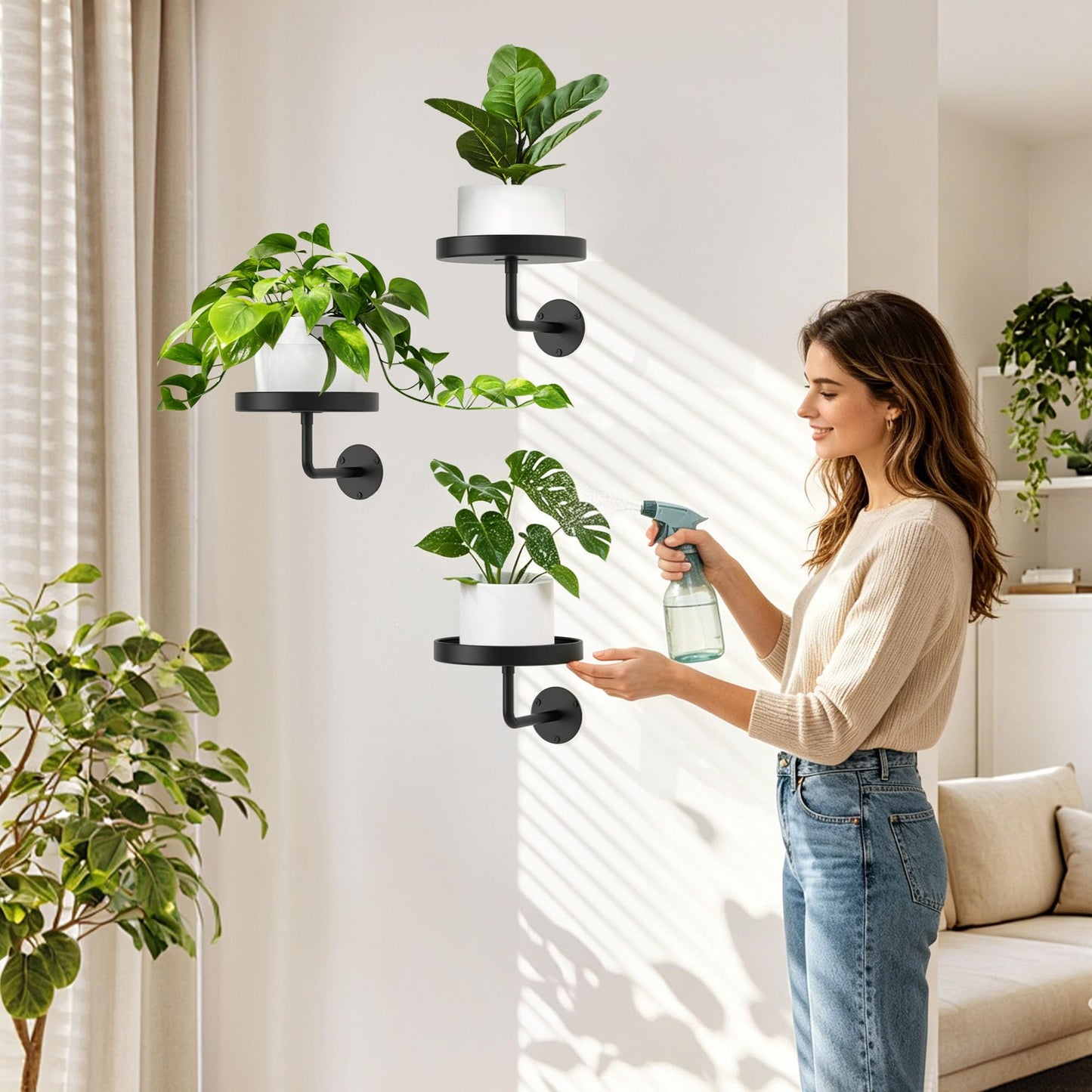 JOPBENG Wall Plant Holder, 6.3 Inch Metal Plant Hanger Indoor Wall Planter, Wall Mounted Plant Holder Window Plant Shelves for Outdoor Black 3Pcs
