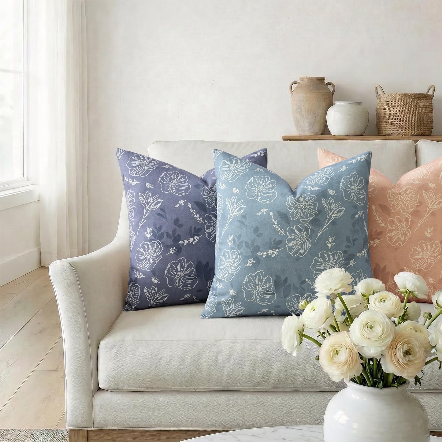 decorUhome Floral Botanical Pillow Covers 24x24 Set of 2, Faux Linen Decorative Throw Pillow Covers with White Line Flower Print for Couch Sofa Bed, Blue