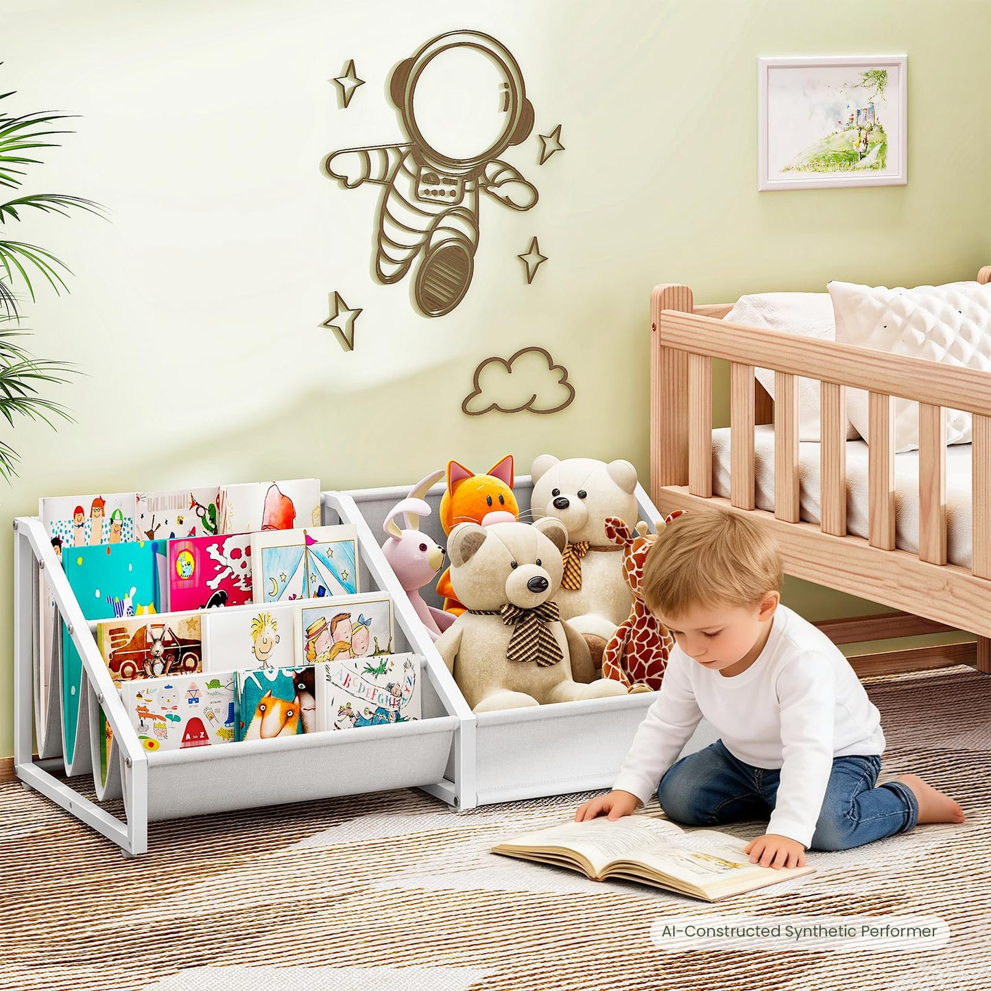 CHOEZON Kids Bookshelf with Toy Storage & 4-Tier Oxford Fabric Book Rack Organizer, Toddler Bookcase for Nursery, Bedroom, Playroom, Child's Room, White TCW18WB