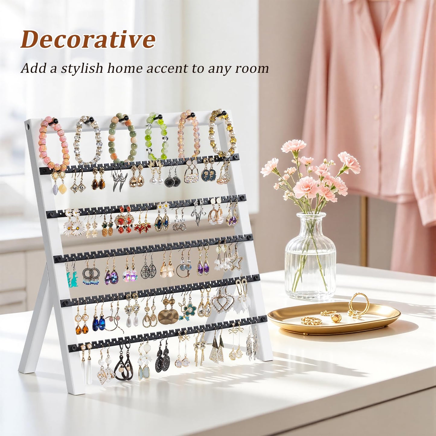 Emfogo Earring Holder Organizer, 6 Tier Earring Display Stand with 285 Holes & 6 Bracelet Rods, Rustic Wood Jewelry Organizer for Earring Bracelet Necklace Ring, Gifts for Women (White)