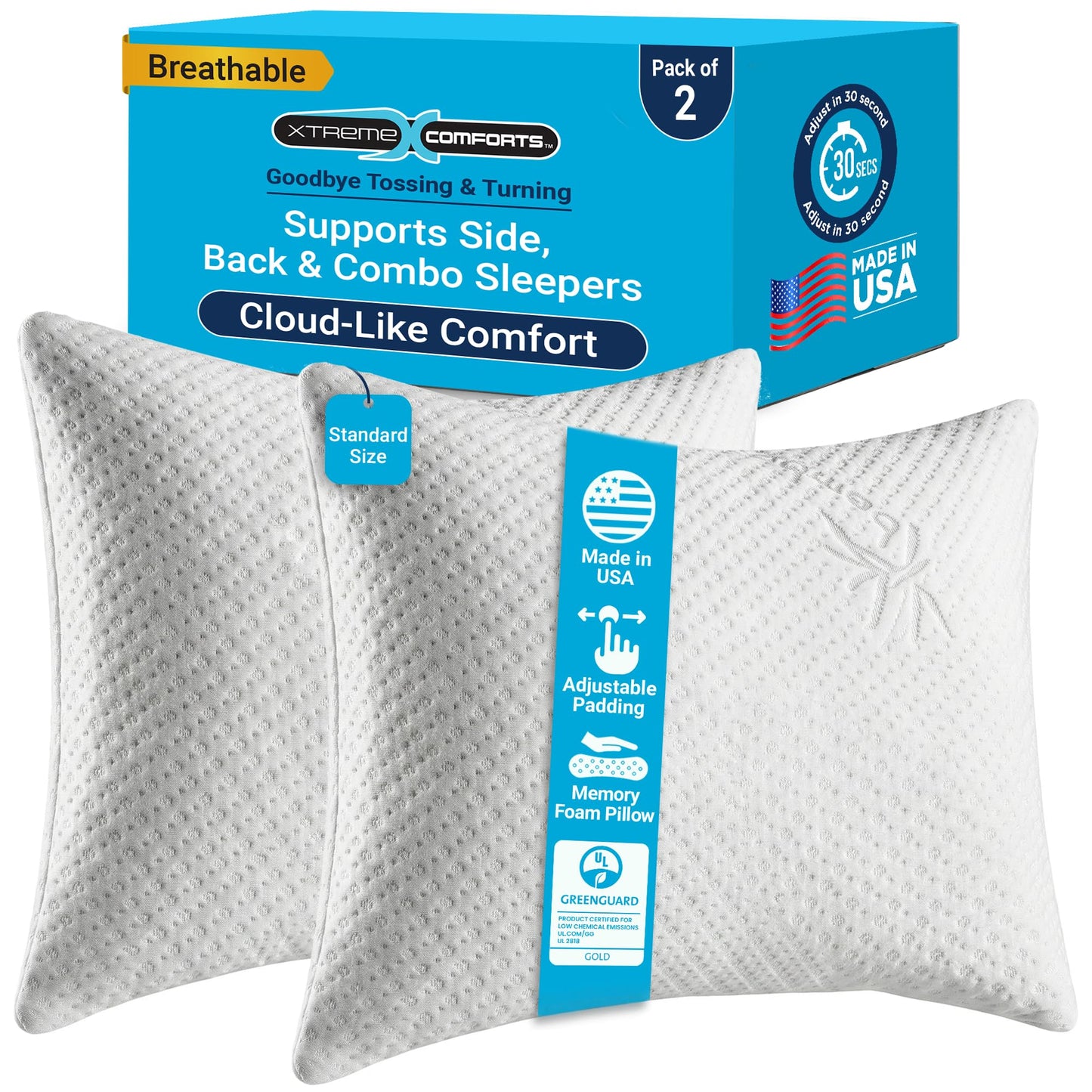 Xtreme Comforts Memory Foam Pillows |GREENGUARD Certified Adjustable Shredded Foam Fill for Personalized Support |Bed Pillows for Side,Back & Stomach Sleepers |Removable Cover |2 Pillows Standard Size