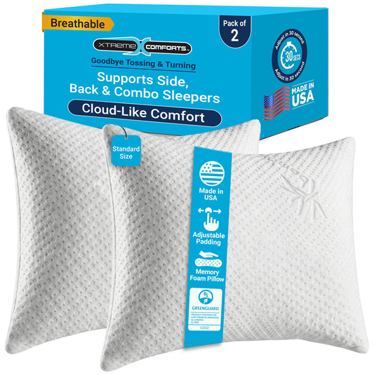 Xtreme Comforts Memory Foam Pillows |GREENGUARD Certified Adjustable Shredded Foam Fill for Personalized Support |Bed Pillows for Side,Back & Stomach Sleepers |Removable Cover |2 Pillows Standard Size