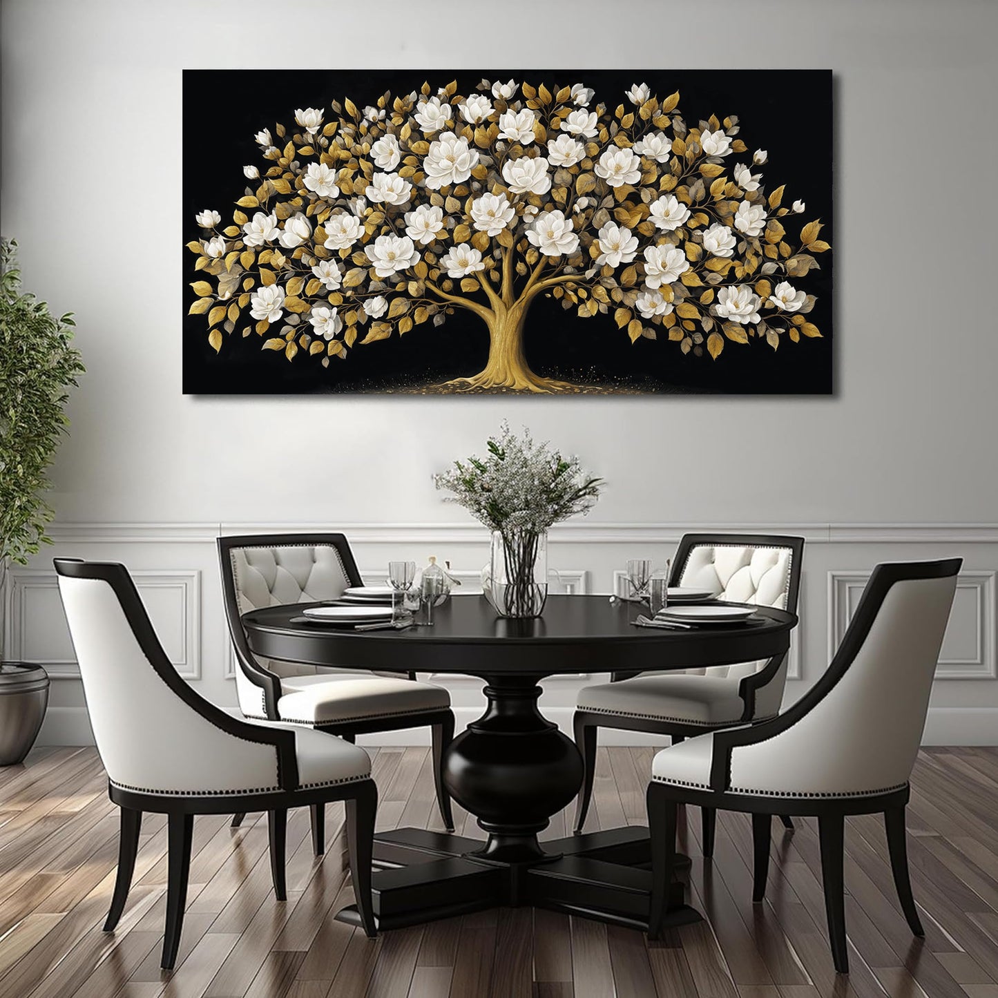 ORKARLUMENT Large Tree of Life Wall Art for Living Room Gold and White Floral Modern Artwork for Bedroom Office Canvas Prints 20"x40"