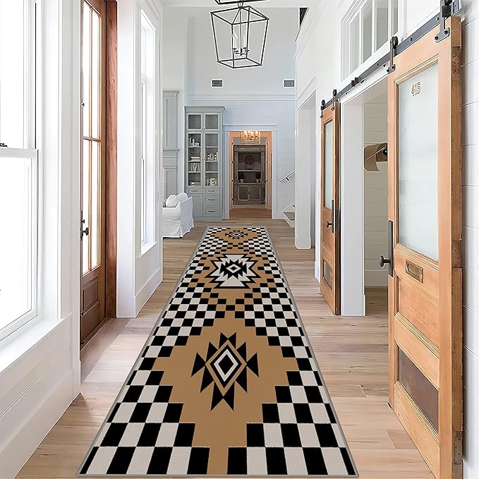 Western Aztec Long Hallway Rug Runners, 2x8ft, Modern Brown Diamond Check Area Carpet for Living Room, Easy Clean Fade Resistant Durable Foldable Pet Friendly Rugs for Front Door