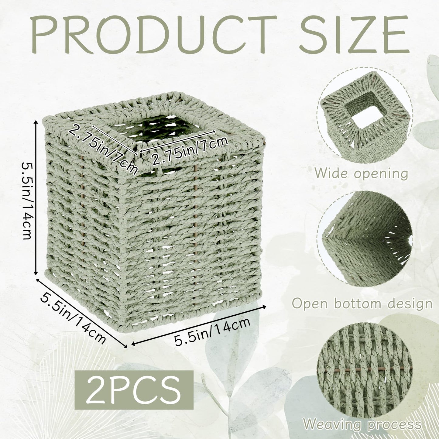 2 Pack Sage Green Tissue Box Cover Decorative Square Boho Natural Paper Rope Hand Woven Tissue Box Holder for Bathroom Bohemian Desk Bathroom Dresser Living Room Office Storage Container