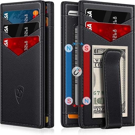 ZALVEX Wallet for Men Slim Leather Wallets for 12-15 Cards, Minimalist Thin RFID Blocking Card Holder with Money Clip & ID Window, Small Bifold Front Pocket Wallet, Gifts for Men