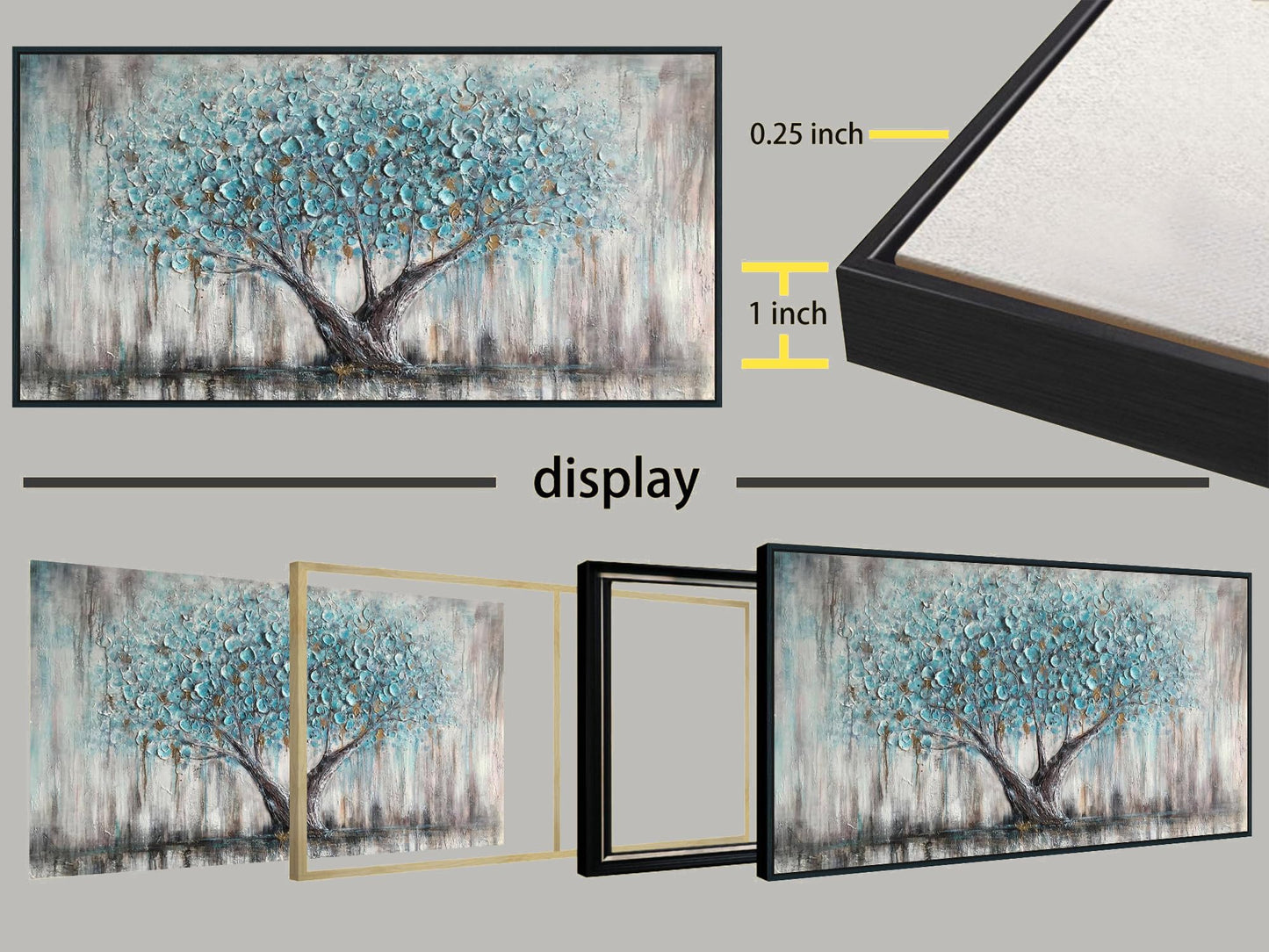 Arjun Framed Blue Tree Canvas Wall Art for Living Room Tree of Life Abstract Bedroom Textured Painting, Nature Picture Landscape Artwork Home Office Decor, Black Wood Large 40"x20"