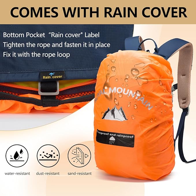 ROYAL MOUNTAIN 20L Lightweight Hiking Backpack With Rain-cover, Daypack Waterproof Travel Camping Backpacks for Men Women, Outdoor Sports Daypack For Camping, Daily Commuting, Short Trips (Navy Blue)