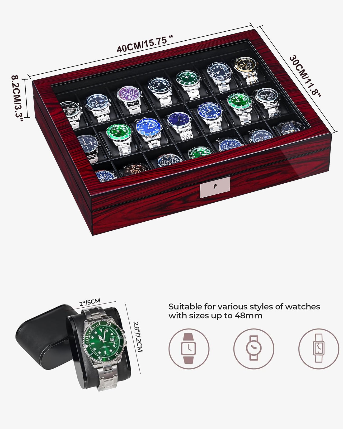 ANWBROAD 21 Slot Watch Cases for Men Watch Box with Large Glass Lid Lockable Wood Watch Display Case Watch Organizer Giftable Elegant Watch Holder Fathers Day UJWB004Y