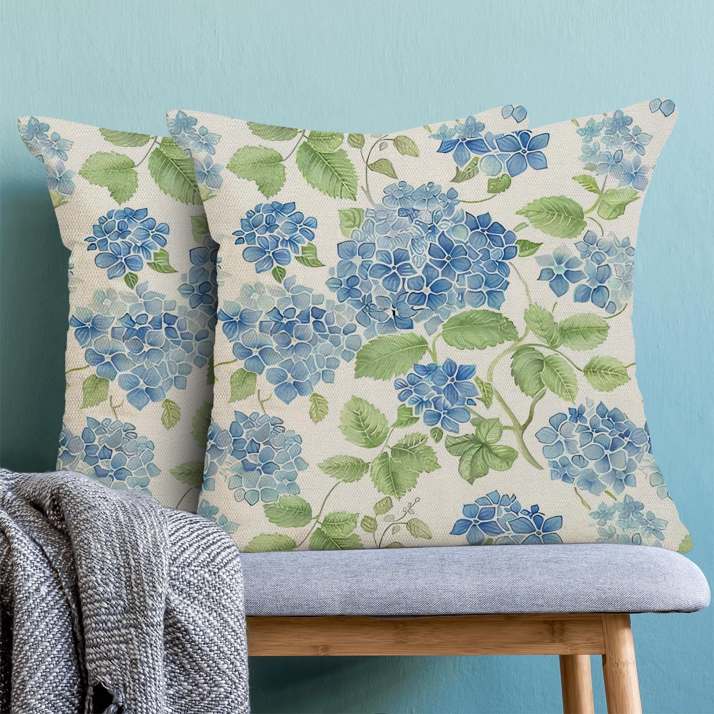 Sorktse Blue Green Floral Pillow Covers 18x18 Inch Set of 2 Blue Sage Green Hydrangea Floral Throw Pillows Spring Summer Flower Pillowcases Outdoor Decor Linen Cushion Covers for Couch Sofa Bed