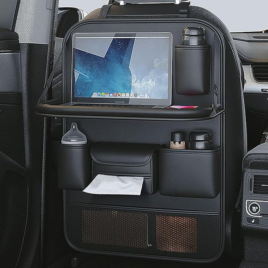 Car Backseat Organizers and Storage, PU Leather Car Seat Back Protector with Foldable Table Tray and Touch Screen Phone Holder, Suitable for Most Vehicles (Black)
