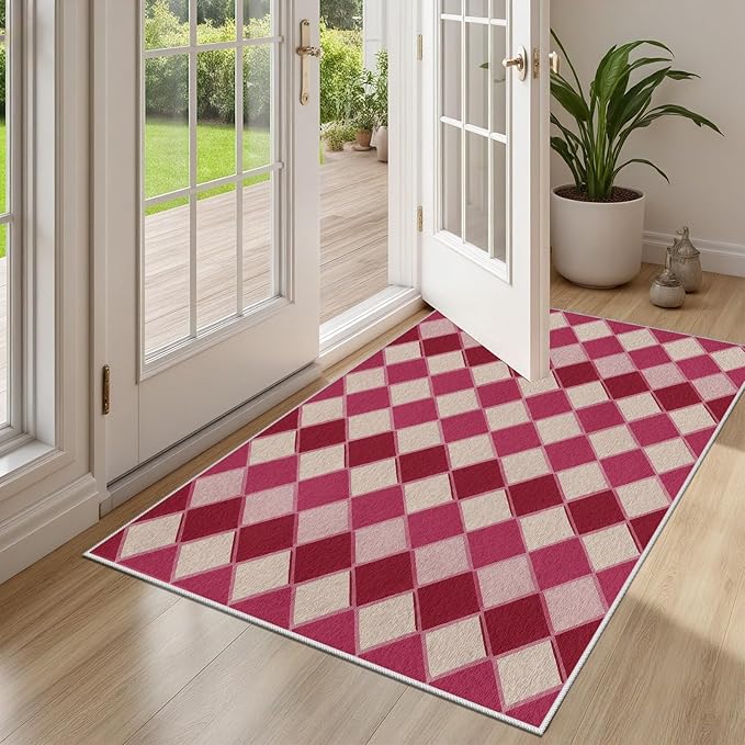 Plaid Rug, Soft Ultra Soft Faux Wool Rhombus Geometric Rugs, Indoor Floor Mats Carpet, Non Slip&Non-Shedding Low Pile Washable Rugs, Modern Red 5x6 Area Rug for Bedroom Home Decor