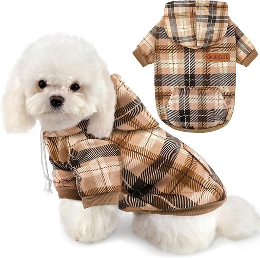 BAOBICUTE Dog Basic Hoodie Soft Dog Clothes Cold Weather Sweaters for Medium Large Dogs Cozy Fabric Warm Sweatshirt with Leash Hole (Khaki Plaid, XS (Back: 10.24",Chest: 14.96", Neck: 11.42"))