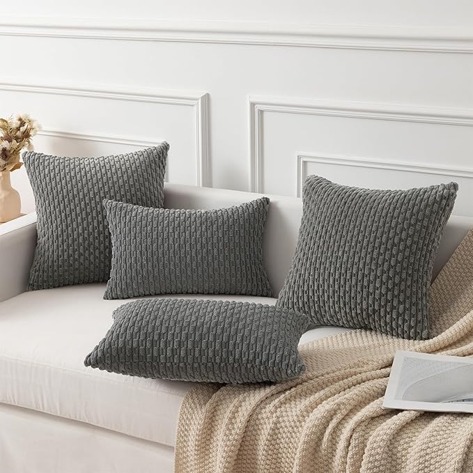 Kevin Textile Set of 2 Soft Striped Velvet Decorative Pillows Covers 16x16 Inch Boho Cushion Covers for Couch 40x40cm Dark Grey