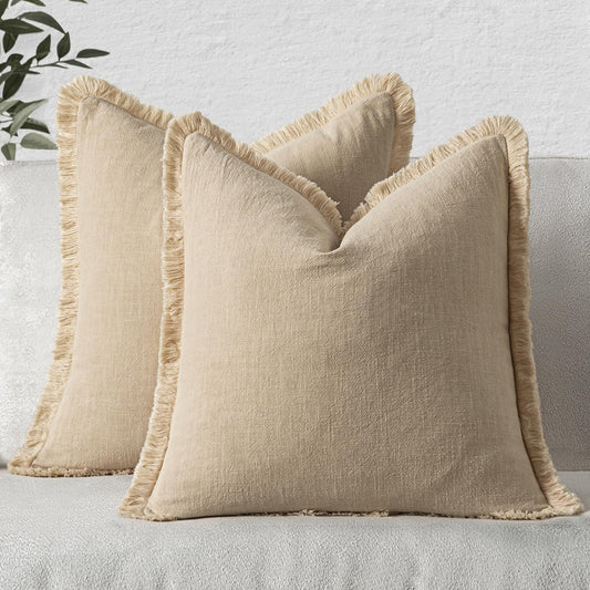 MIULEE Decorative Throw Pillow Covers Neutral Linen Fringe Throw Pillows Set of 2 Beige Boho Farmhouse Cushion Covers with Tassels for Couch Sofa Bed Living Room Spring Home Decor 18x18 Inch