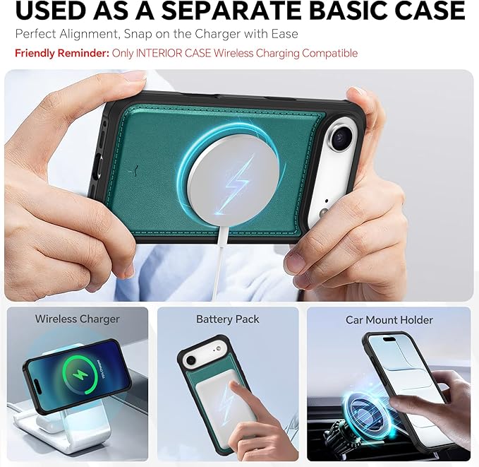 TUCCH 2-in-1 Removable Case Wallet for iPhone Air (6.5") 2025, Detachable Wrist Strap, 4 Card Holders RFID Blocking, Wireless Charging, Stand, Magnetic, PU Leather Shockproof Cover, Bluish Green