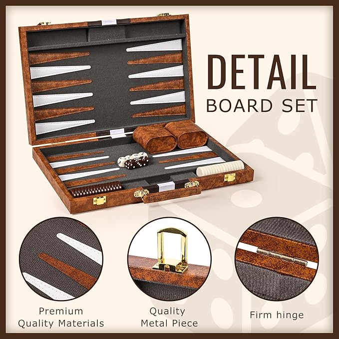 ropoda Backgammon Board Game Set (15 Inches) for Adults and Kids,Classic Board Strategy Game,Portable and Travel Backgammon Set with Premium Leather Case,Best Strategy & Tip Guide