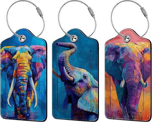 Colorful Elephant 3 Pack Luggage Tags for Suitcases, PU Leather Baggage Suitcases Tag Name ID Label Privacy Cover Travel Bag Tags for Women Men Boys Girls