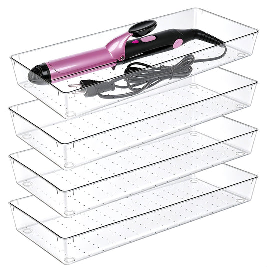 Manalete 4 Pack 15"x6" Extra Large Clear Plastic Drawer Organizer Trays, Multi-Purpose Storage Bins for Vanity, Makeup, Kitchen Utensils, Bathroom, Office Desk, Auto Tools & Craft Supplies