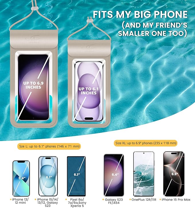 HiRui Universal Waterproof Phone Pouch with Touch Screen, IP68 Waterproof Phone Case Dry Bag for Beach, Compatible with iPhone 16/15/14/13/12/XR/SE, Samsung Galaxy, Fits up to 6.1" (Gold, Large)