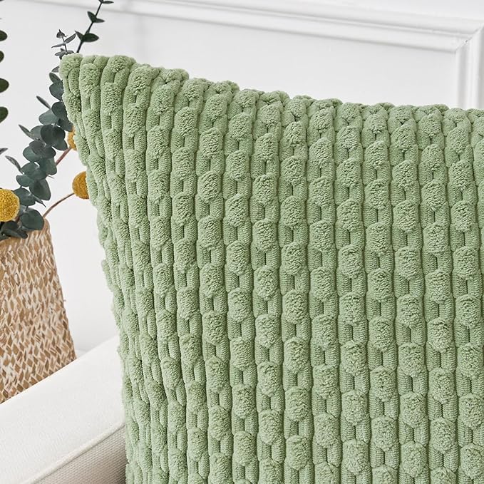 Kevin Textile 2 Packs Spring Decorative Throw Pillow Covers 20x20 Inch for Living Room Couch Bed Sofa Soft Striped Corduroy Square Cushion Case 50x50 cm Farmhouse Boho Home Decor Sage Green