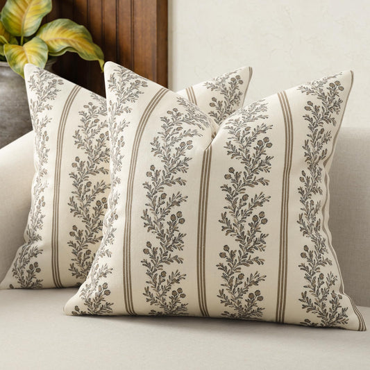 DKwizme Vintage Throw Pillow Covers 18x18 Set of 2, Striped Floral Pillow Cover Botanical Patterned Decorative Cushion Covers Modern Farmhouse Home Decor for Sofa Couch Bed Living Room, Chocolate