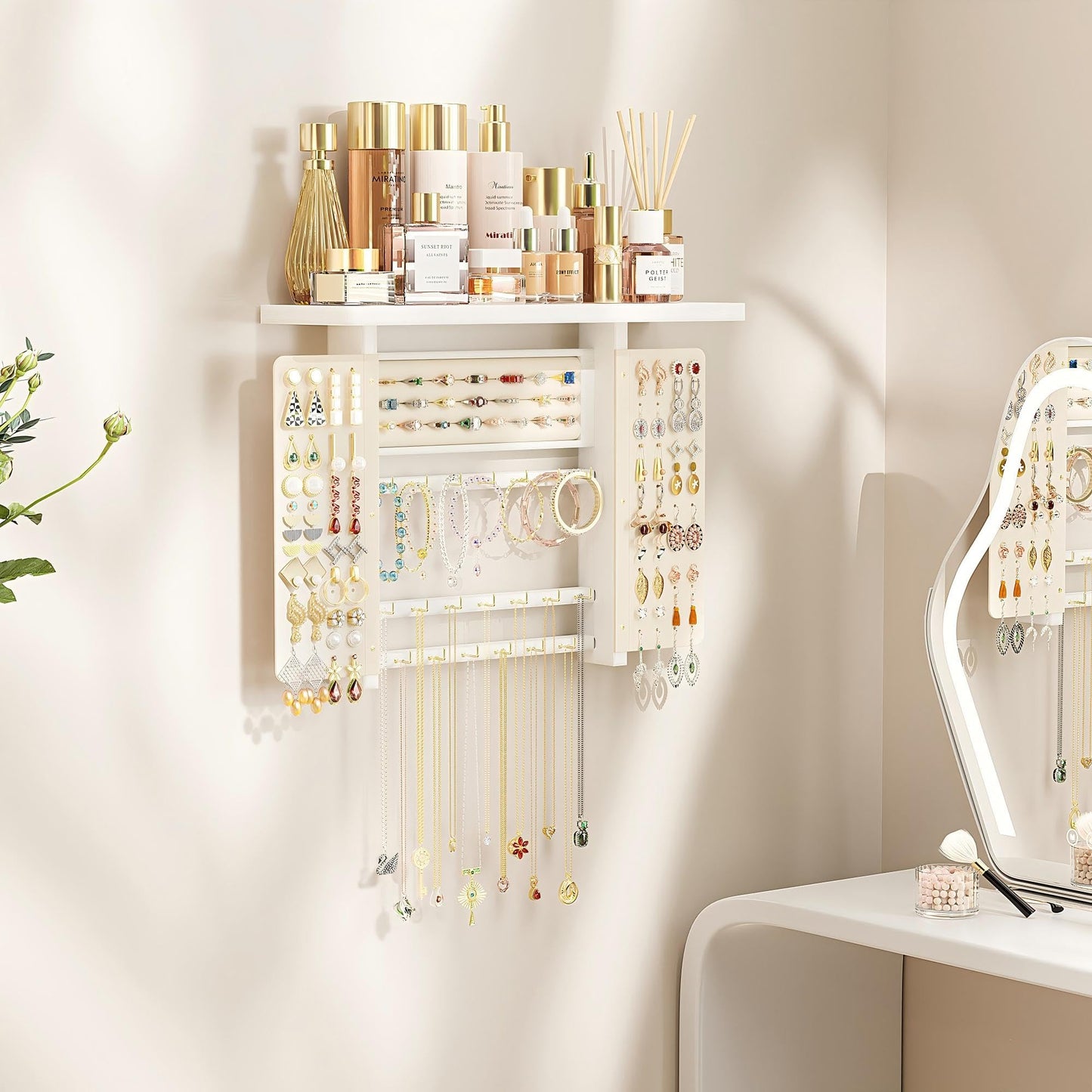 Emfogo Jewelry Organizer Hanging Wall Mounted Jewelry Holder, 5-in-1 Large Capacity Necklace Organizer Wall Hanging Jewelry Display for Ring, Necklaces, Bracelets, Earrings (White)