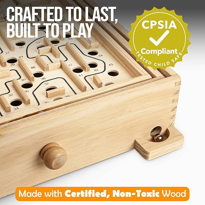 Sterling Games Wooden Labyrinth with 3 Swappable Boards – Classic Maze Game with 60, 36, and 25 Waypoints – Wooden Tilt Puzzle with Knob Control and 3 Steel Marbles for Kids Age 6+