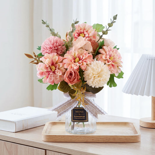 CEWOR Fake Flowers in Vase, Artificial Flowers with Vase Faux Silk Floral Arrangement Table Centerpieces Decor for Home Office Dining Farmhouse Coffee Table Living Room Bathroom Plant Decor (Pink)