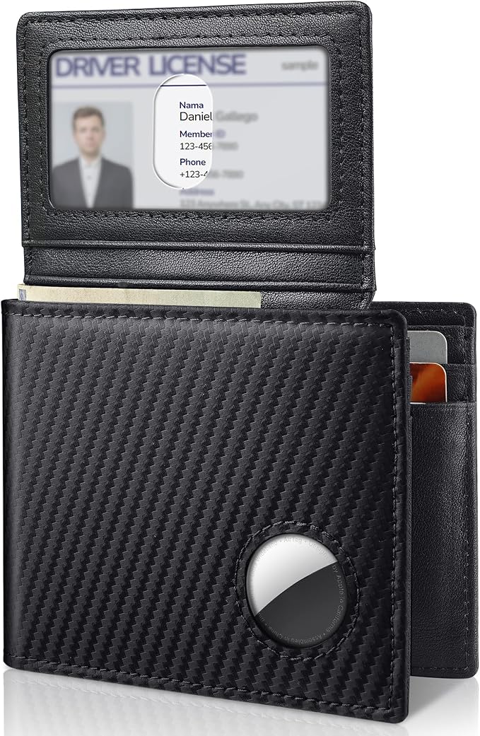 Mens Wallet With AirTag Holder, Bifold Leather RFID Blocking 1-2 ID Windows 12-13 Card Holders, Gift Box and Screen Protector Included, AirTag Not Included