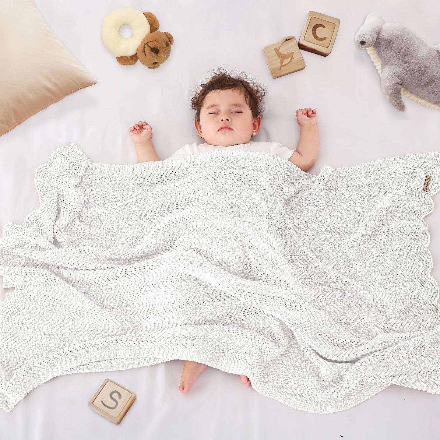 Pinuotu Cotton Knitted Baby Blanket – Neutral Swaddle Receiving Blanket for Newborn, Toddler, Boys & Girls, Crib or Stroller Blanket with Gift Box, 31×40 Inch (White)