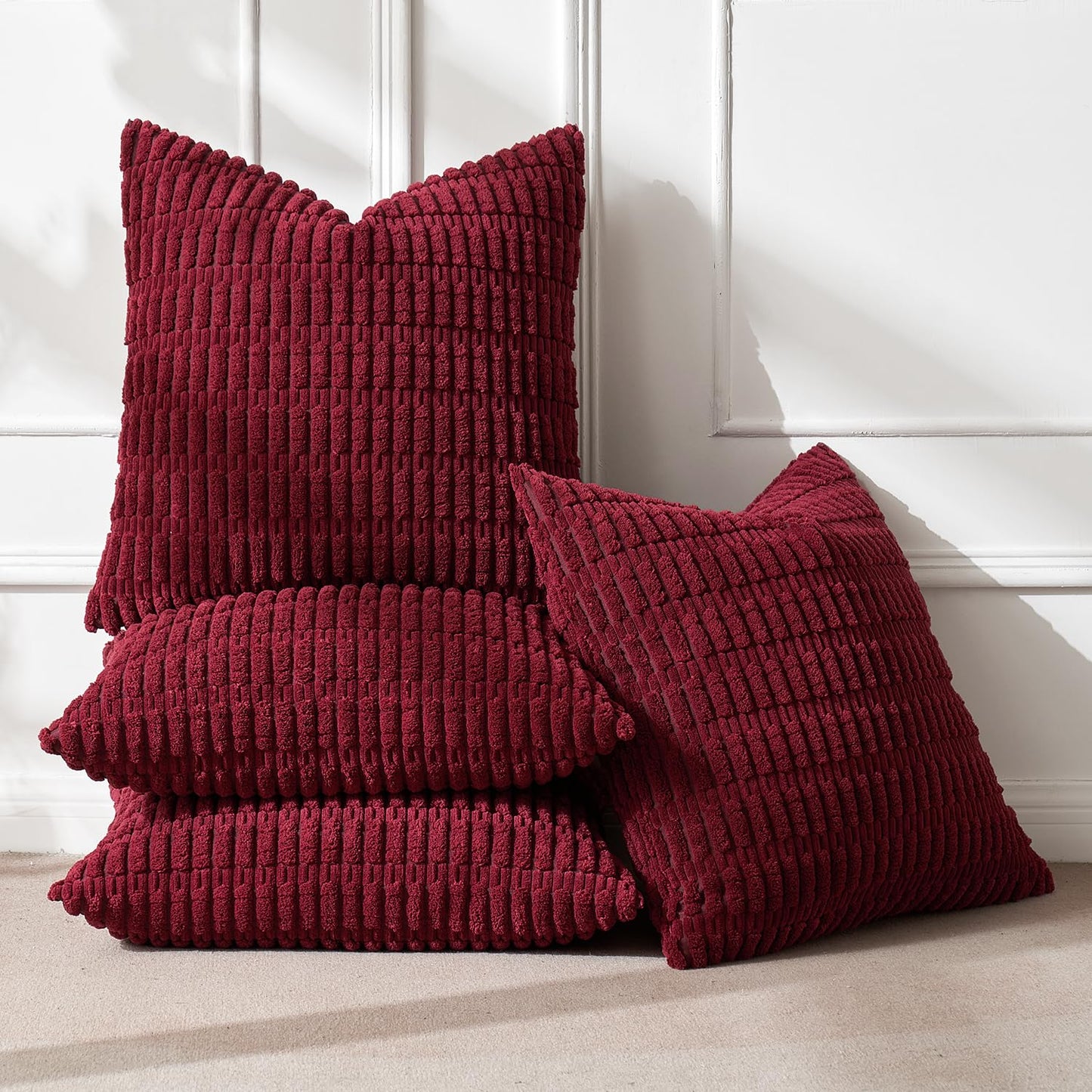 MIULEE Pack of 4 Christmas Wine Red Corduroy Decorative Throw Pillow Covers 18x18 Inch Soft Boho Striped Pillow Covers Modern Farmhouse Home Decor for Sofa Living Room Couch Bed