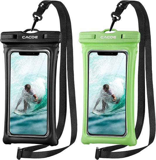 CACOE [Floatable] Floating Universal Waterproof Phone case 2 Pcs-Up to 7.0",Phone Pouch with Adjustable Neck Lanyard,IPX8 Cellphone Dry Bags for Beach Pool Swimming（Black+Dark Green）