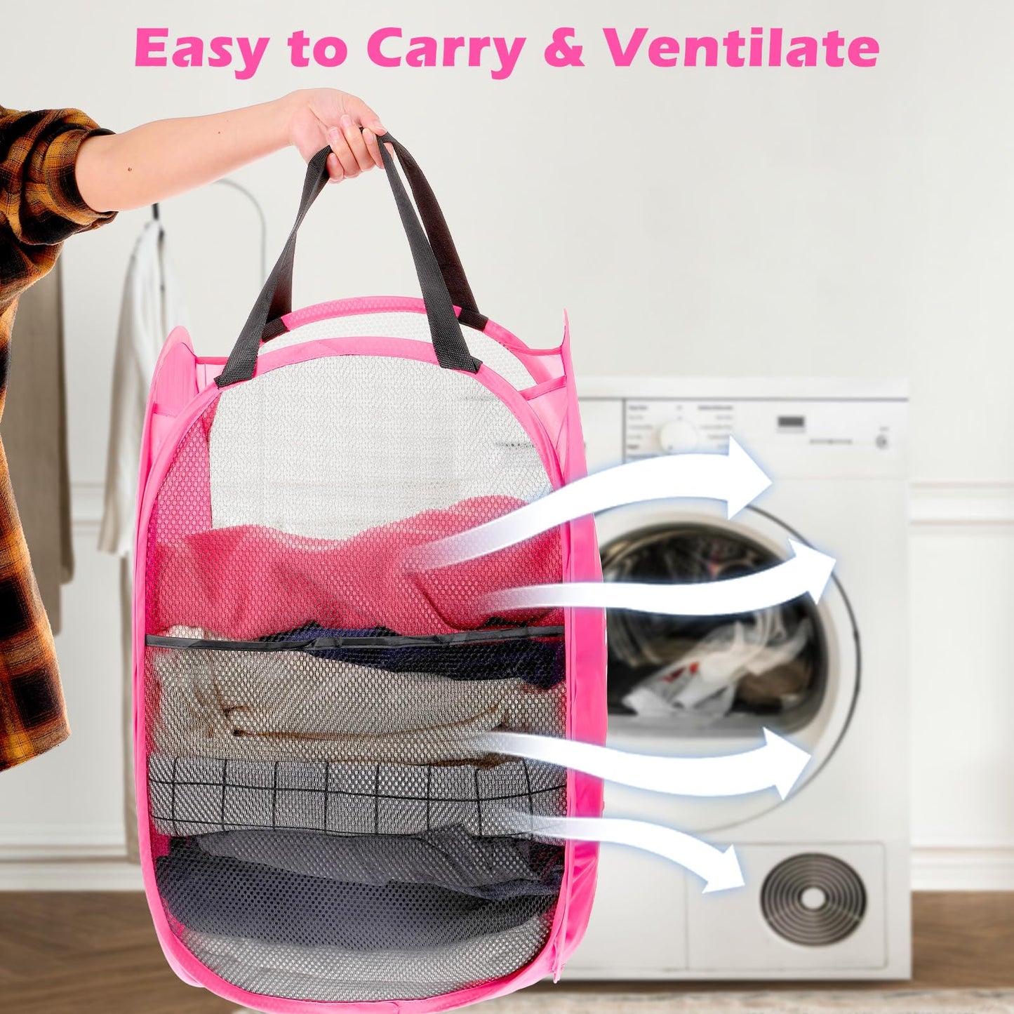 MBAIYO 4 Pack Foldable Mesh Pop Up Laundry Hamper with Handles, Collapsible Laundry Basket Extra Large Clothes Hamper with Large Side Pocket for Teen Room College Dorm Travel(23 x 14.2 x 14.2 inch)