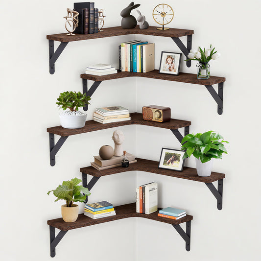 RAIHOMKIT Corner Floating Shelves Set of 5, Rustic Wood Shelves for Home Decor, Wall Mounted Storage Corner Shelf for Bedroom Kitchen Living Room Bathroom Office, Dark Brown