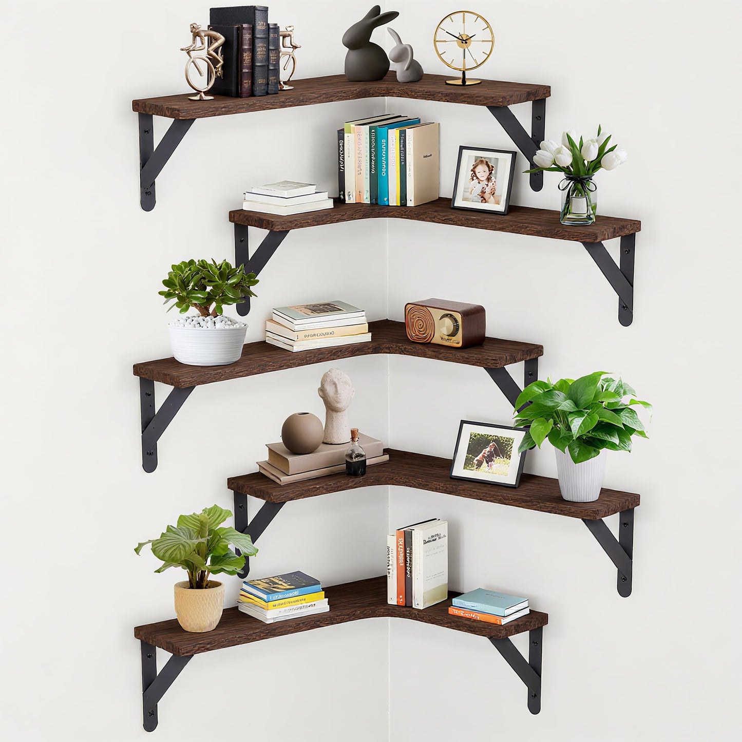 COCPOK Corner Floating Shelves Set of 5, Wall Mounted Wood Shelves for Home Decor, Rustic Wood Wall Storage Corner Shelf for Kitchen Bedroom Bathroom Living Room Office, Dark Brown