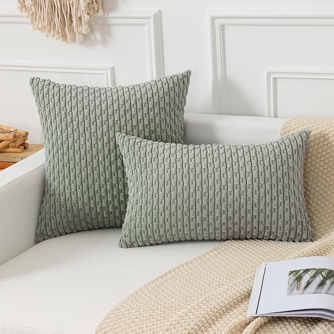 Kevin Textile Throw Pillow Covers Soft Corduroy Decorative Set of 2 Boho Striped Pillow Covers Pillowcases Farmhouse Home Decor for Couch Bed Sofa Living Room 20x20 Inch Greyish Green