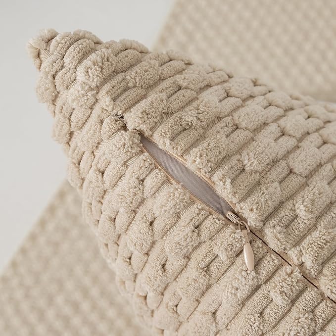 Kevin Textile Throw Pillow Covers Soft Corduroy Decorative Set of 2 Boho Striped Pillow Covers Pillowcases Farmhouse Home Decor for Couch Bed Sofa Living Room 16x16 Inch Beige