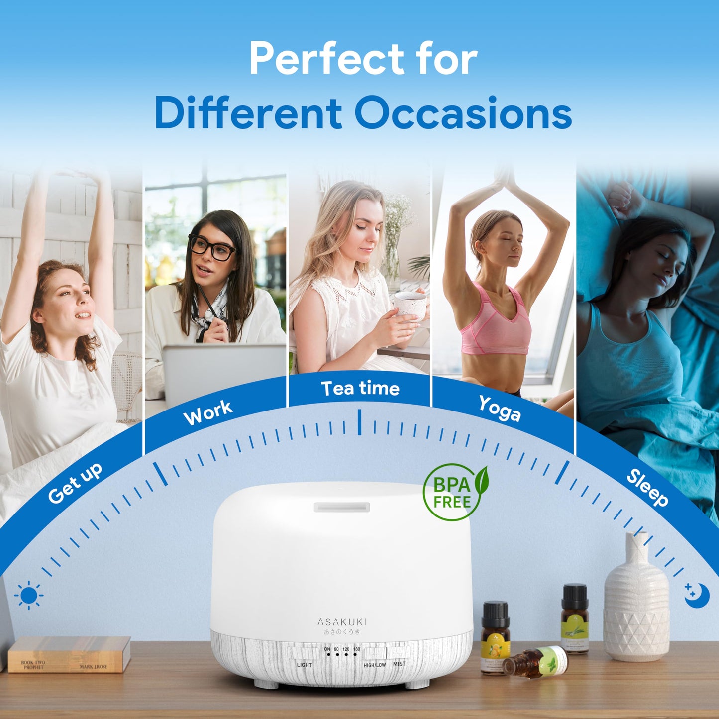 ASAKUKI Essential Oil Diffuser for Home, 500ML Aromatherapy Diffuser Humidifier with Remote Control, 7 Color LED Lights, Quiet Cool Mist Diffuser for Bedroom, Living Room, Office (White)