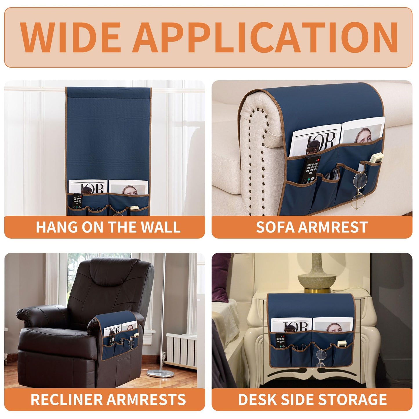 HAOMAIJIA Anti Slip Sofa Armrest Organizer Arm Chair Bedside Caddy Storage Organizer For Recliner Couch With 6 Pockets For Cell Phone Tv Remote Control (Navy Blue, 31.89 inches × 18.5 inches)