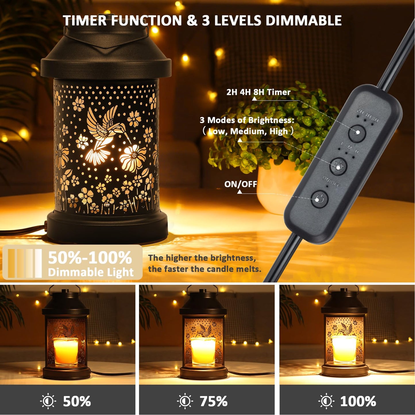 Dialan's Candle Warmer Lamp with Timer - Electric Candle Wax Melt Warmer with Dimmer for Scented Wax Jar Candles Home Decor Bedside Candle Lamp Birthday Gifts for Women Mom Hummingbird Lantern