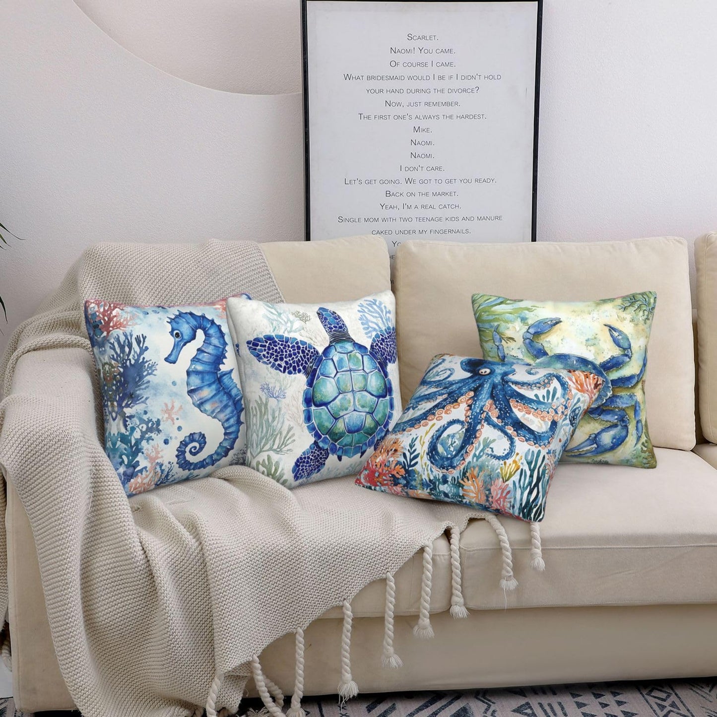 Sea Life Starfish Throw Pillow Covers Set of 4 Decorative Soft Linen Fabric Square Cushion Case for Room Bedroom Sofa Car 18x18