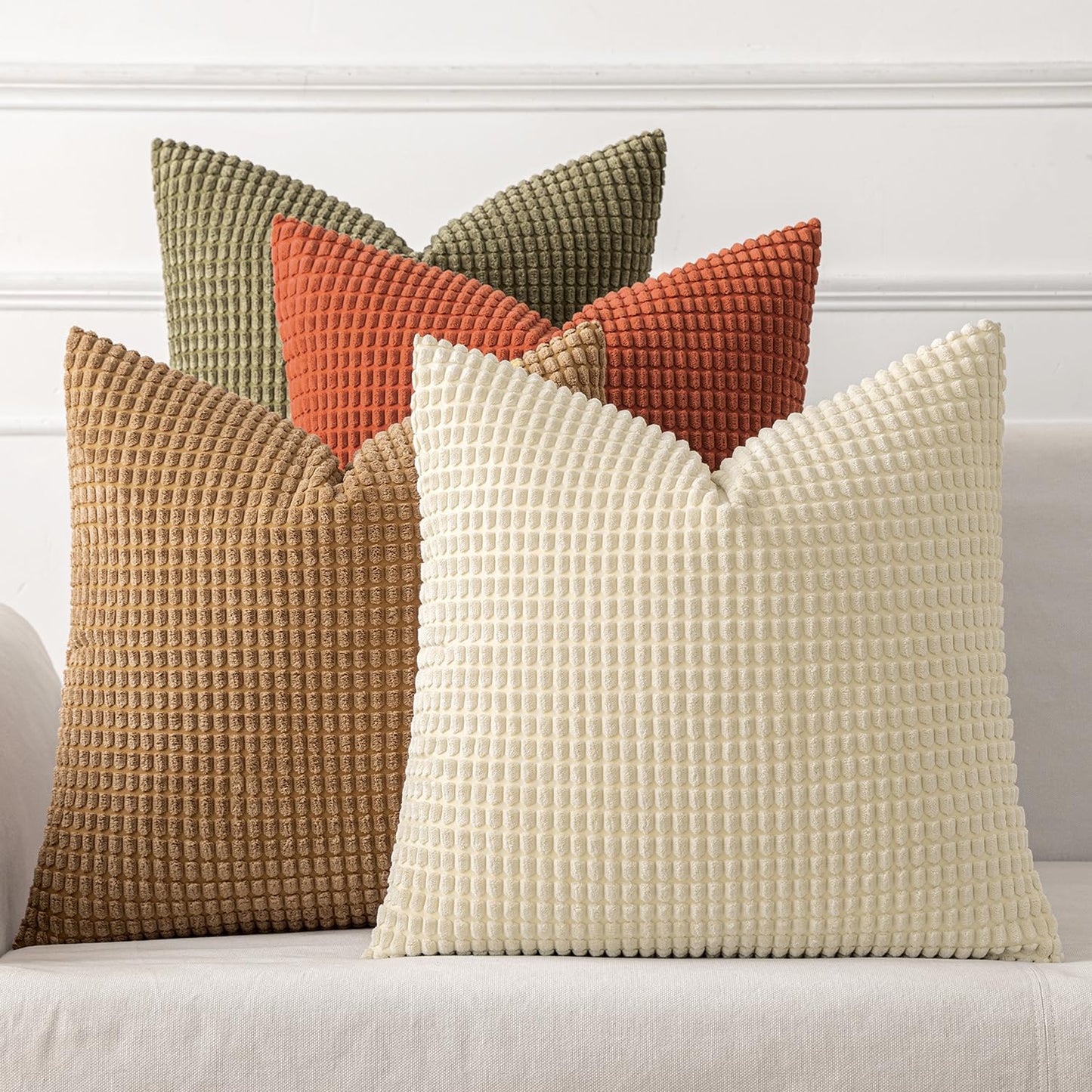 MIULEE Modern Farmhouse Decorative Pillow Covers 20x20 Inch Set of 4 Natural Rustic Throw Pillows Neutral Warm Soft Corduroy Couch Pillowcases Home Decor for Sofa Living Room Bed Brown Green
