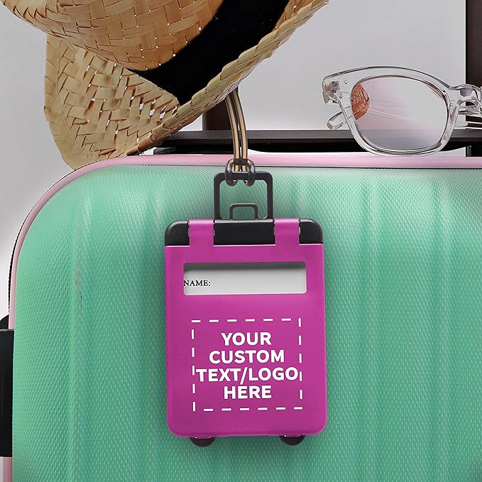10 Mini Carry-on Luggage Tags Pack - Customizable Text, Logo - Flip Open Cover, ID Sticker - Purple
