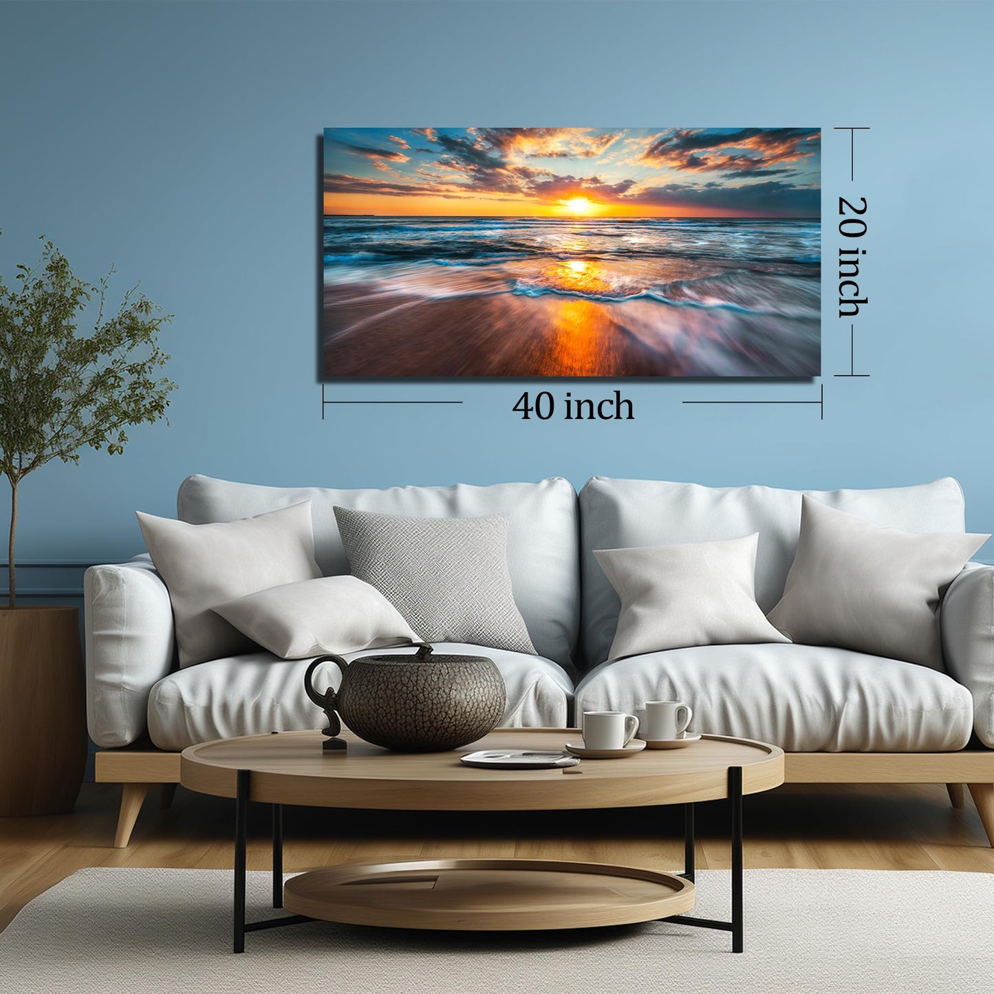 GUGIKA Sun Wall Art for Living Room, Blue Wave and Large Coastal Beach Wall-Decor for Bedroom, Gold Sun Scenery Poster Canvas Print, Size 40 x 20 Inches