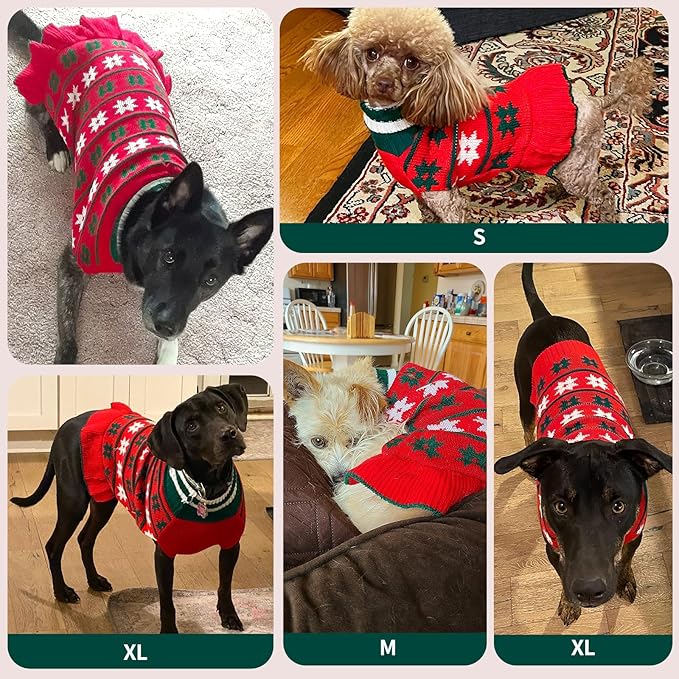 KYEESE Dog Christmas Sweater Warm Dog Sweater for Small Dogs with Leash Hole Knit Dogs Clothes Pet Coats Turtleneck Pet Sweater Dress with Snowflake Pattern, Red, Small