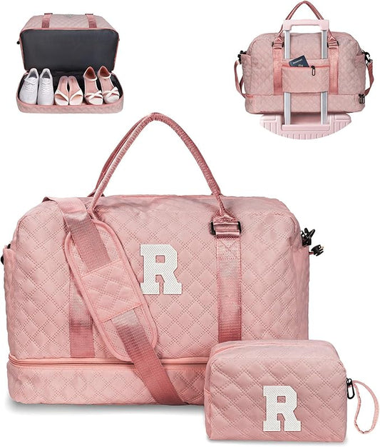 Vogewood Girls Duffle Bag, Initial Bag, Personalized Weekender Bag with Shoulder Strap, Monogram Overnight Bag for Women Wet Pocket, Letter Travel Bag with Makeup Bag Gifts for Niece (Letter R)