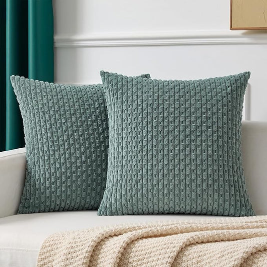 Kevin Textile Decorative Pillow Covers Set of 2 Striped Plush Corduroy Pillows Pillowcases Boho Home Decor Cushion Covers for Couch Sofa Bed Living Room 24x24 Inch, Teal Green